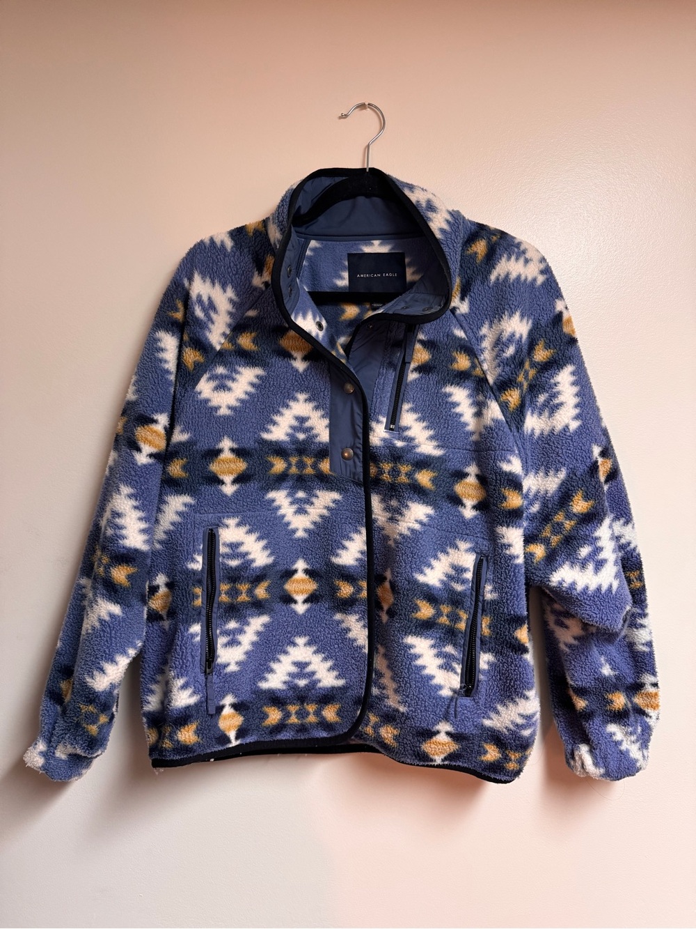 American Eagle Blue Aztec Snap-Up Fleece Jacket